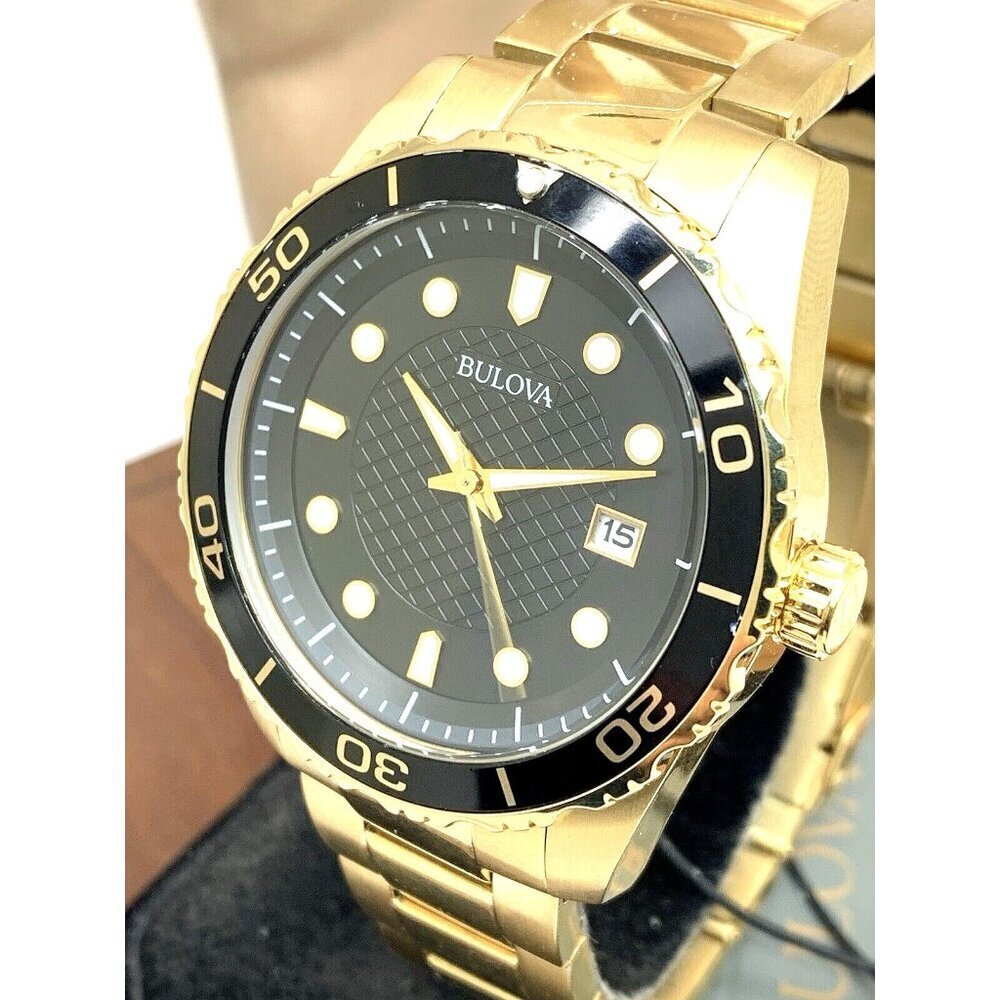 Bulova Men's Watch 98B375 Quartz Black Dial Date Gold Stainless Steel 43mm